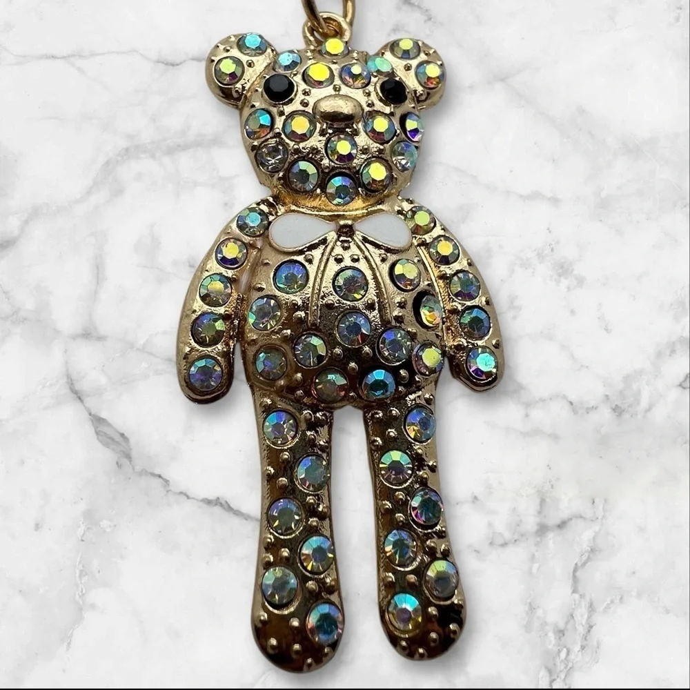 Gold Toned Coquette 2” Teddy Bear Keychain with Iridescent Rhinestones and Bow